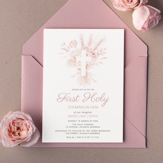 Invitation boho dusté rose floral première communion invitati (Créateur téléchargé)