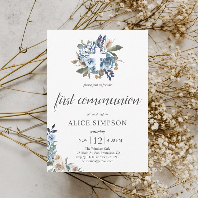 Invitation Boho Dusty Bleu Fleurs Beiges Première Communion (Créateur téléchargé)