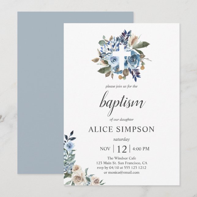 Invitation Boho Dusty Blue Beige Fleurs Baptême  (Devant / Derrière)