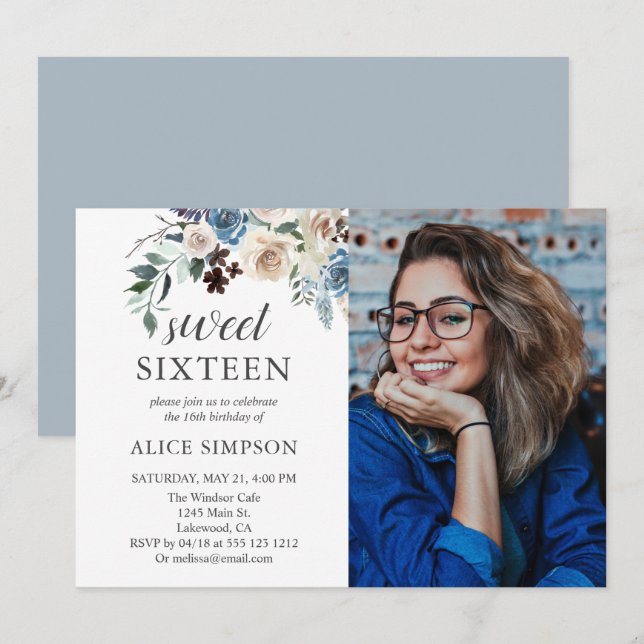 Invitation Boho Dusty Blue Beige Fleurs Photo Sweet 16 (Devant / Derrière)