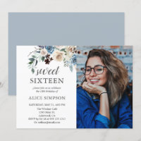 Boho Dusty Blue Beige Fleurs Photo Sweet 16