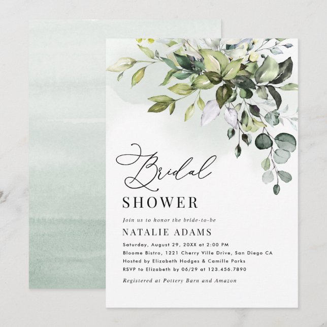 Invitation Boho Dusty Blue Eucalyptus Fête des mariées de ver (Devant / Derrière)