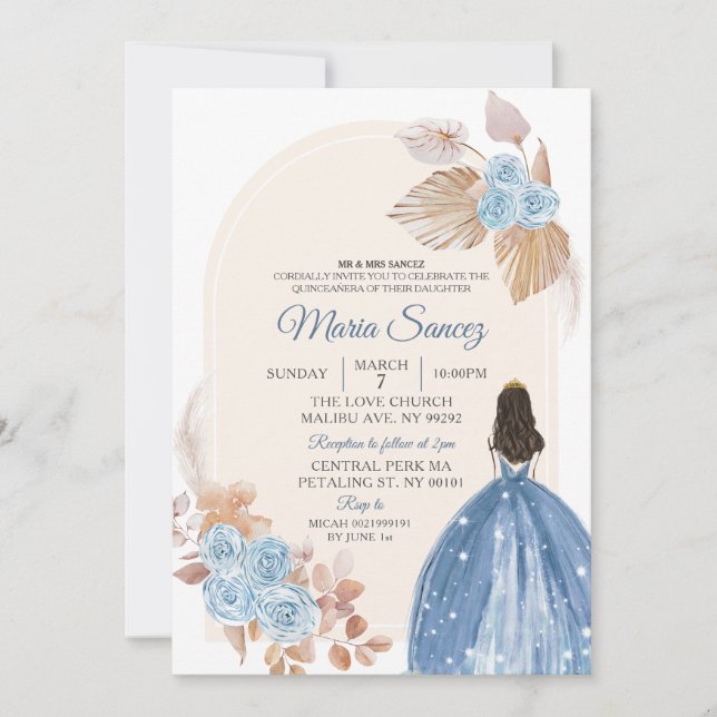 Invitation Boho Dusty Blue Floral Mexicain Quinceañera Invita (Devant)