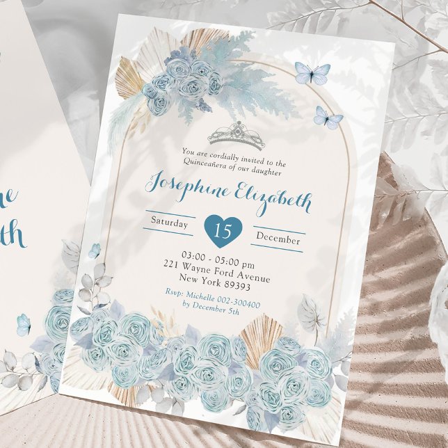 Invitation Boho Dusty Blue Floral Pampas Girl's Quinceañera (Créateur téléchargé)