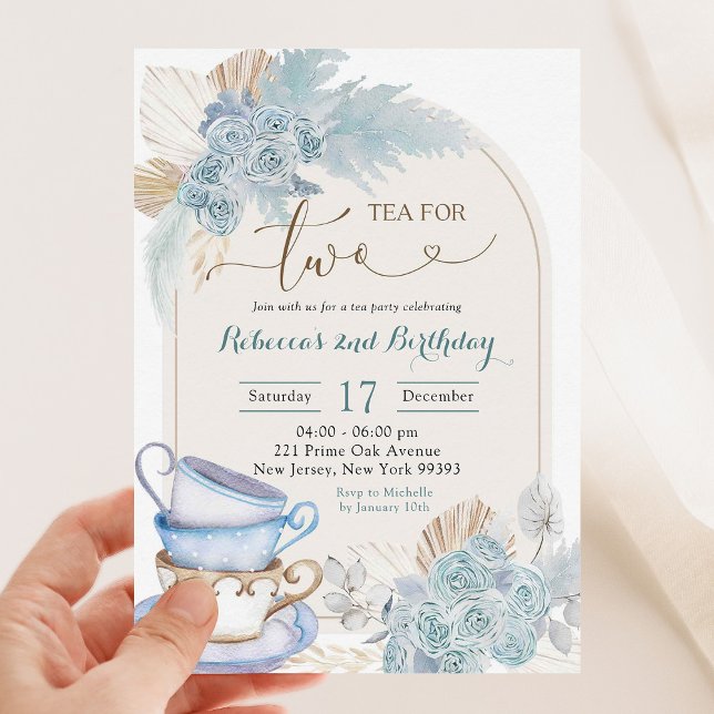 Invitation Boho Dusty Blue Floral Tea pour deux Anniversaires (Créateur téléchargé)