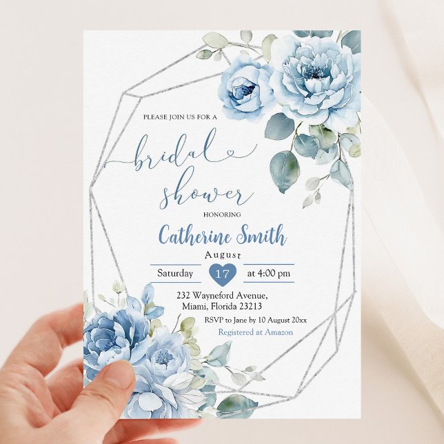 Invitation Boho Dusty Blue Flowers Fête des mariées géométriq (Créateur téléchargé)