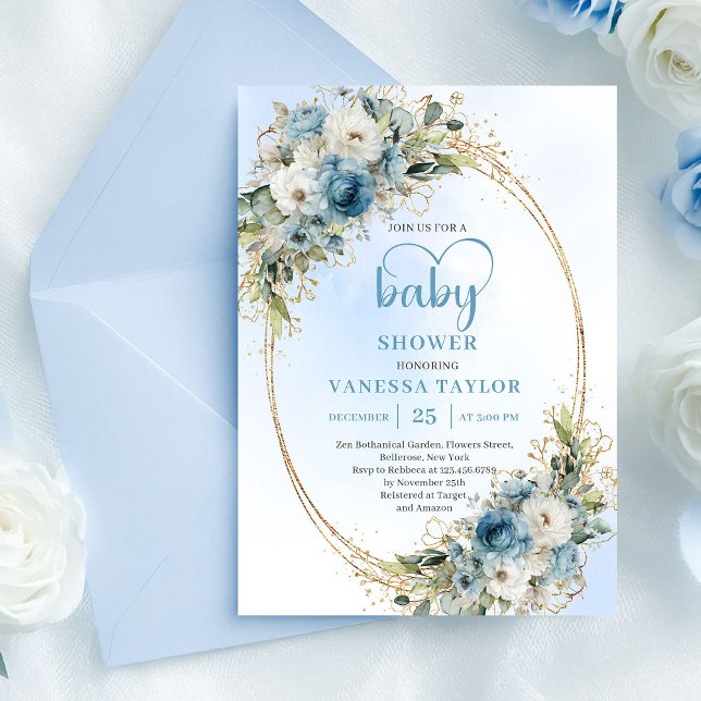 Invitation Boho Dusty Blue Flowers Gold Script Baby Shower  (Boho Dusty Blue Flowers Gold Script Baby Shower Card

)