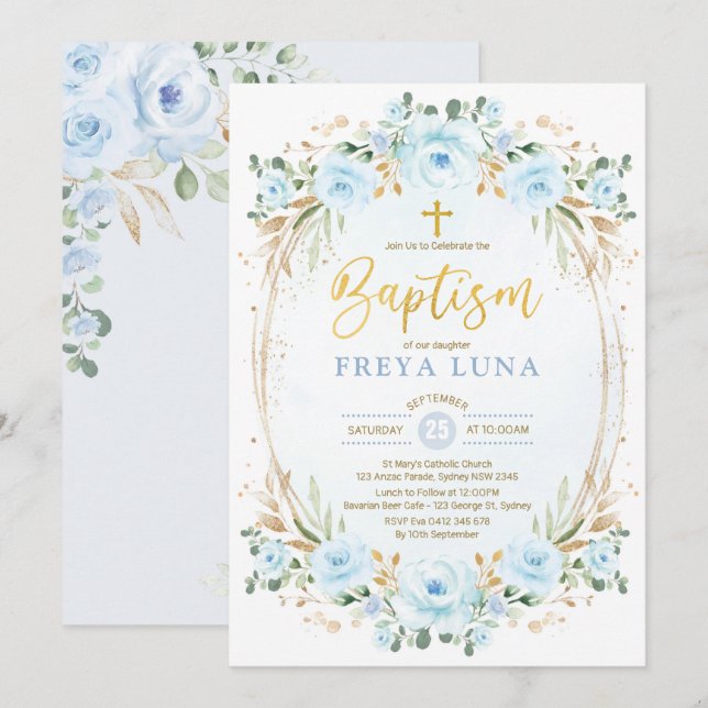 Invitation Boho Dusty Blue Gold Garden Floral Baptême (Devant / Derrière)