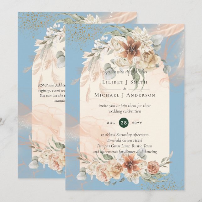 Invitation BOHO Dusty Blue Pampas Grass Mariage (Devant / Derrière)