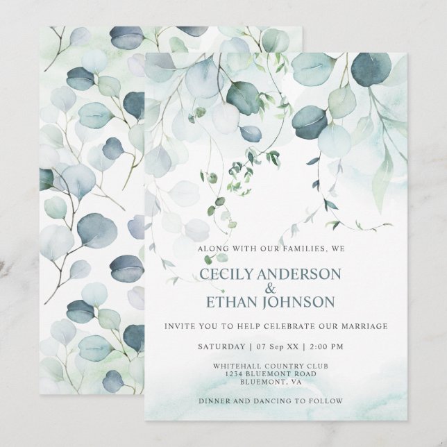 Invitation Boho Dusty Blue & Sage Green Eucalyptus Mariage (Devant / Derrière)