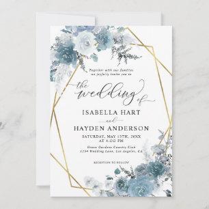 Invitation Boho Dusty Blue Slate Pastel Gold Foil Mariage Inv