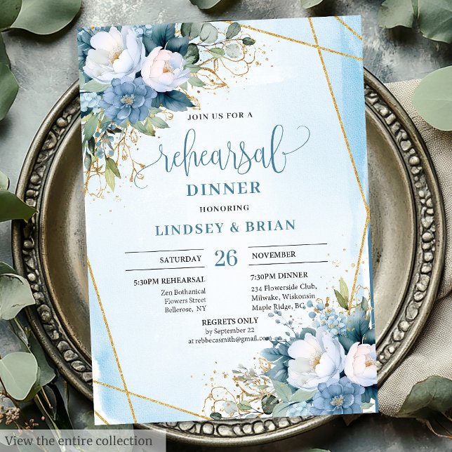 Invitation Boho Dusty Blue White Peony Diner Card (Boho Dusty Blue White Peony Rehearsal Dinner Card)