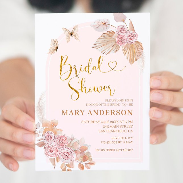 Invitation Boho Dusty Fête des mariées florale rose (Créateur téléchargé)