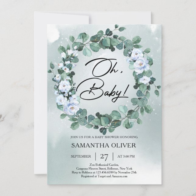 Invitation Boho Dusty fleurs bleues vert profond eucalyptus I (Devant)