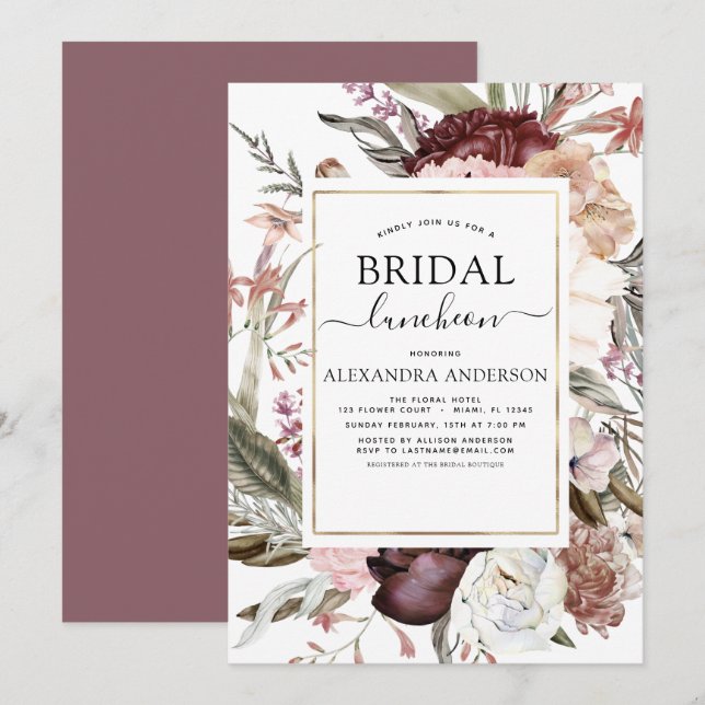 Invitation Boho Dusty Pink Burgundy Fête des mariées déjeuner (Devant / Derrière)