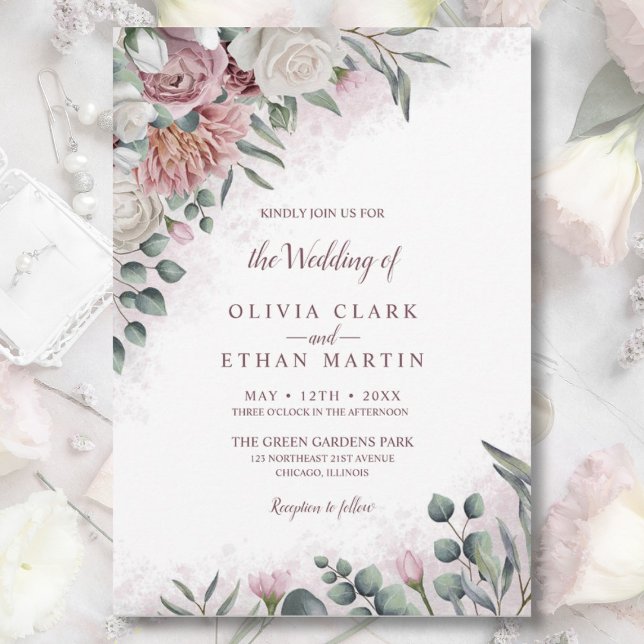 Invitation Boho Dusty Rose Aquarelle Florale Rustique (Créateur téléchargé)