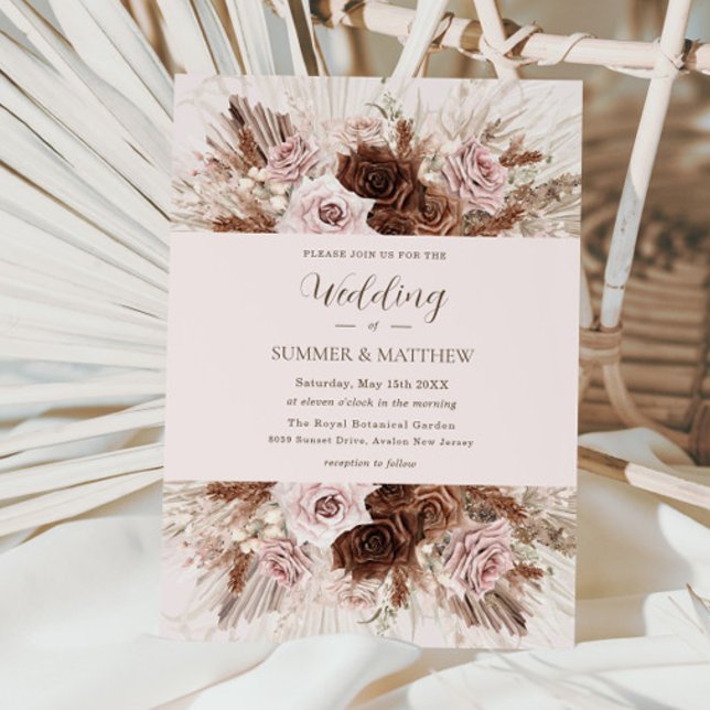 Invitation Boho Dusty rose Fleurs Brown Pampas Mariage en her (Créateur téléchargé)