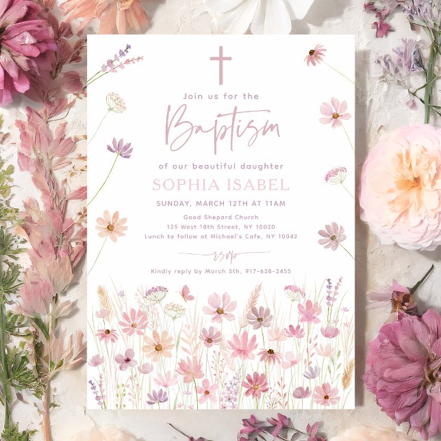 Invitation Boho Dusty Rose Fleurs sauvages Baptême (Créateur téléchargé)