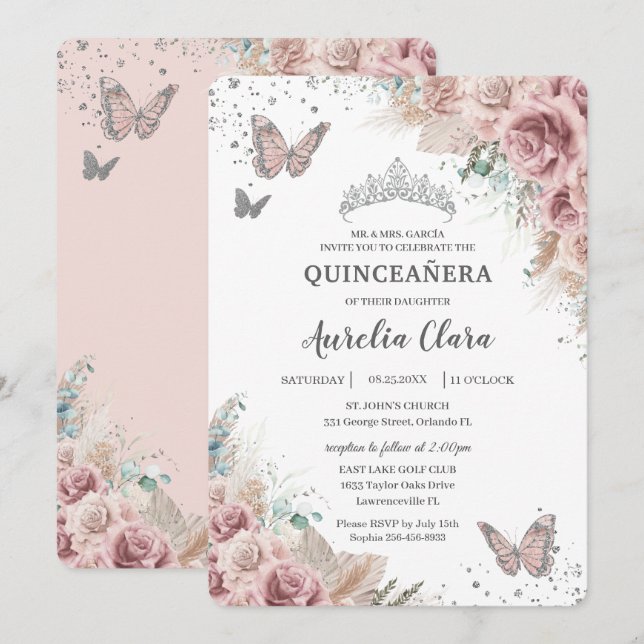 Invitation Boho Dusty Rose Floral Pampas Silver Quinceañera (Devant / Derrière)