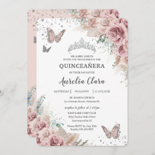 Invitation Boho Dusty Rose Floral Pampas Silver Quinceañera