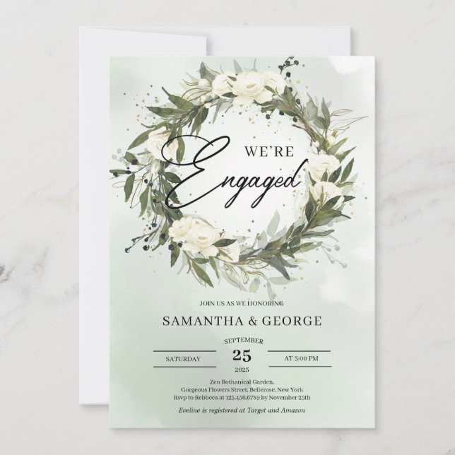 Invitation Boho Dusty vert Olive couronne blanc roses (Devant)