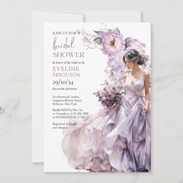 Invitation Boho dusty violet vert fleuri robe mariage (Devant)