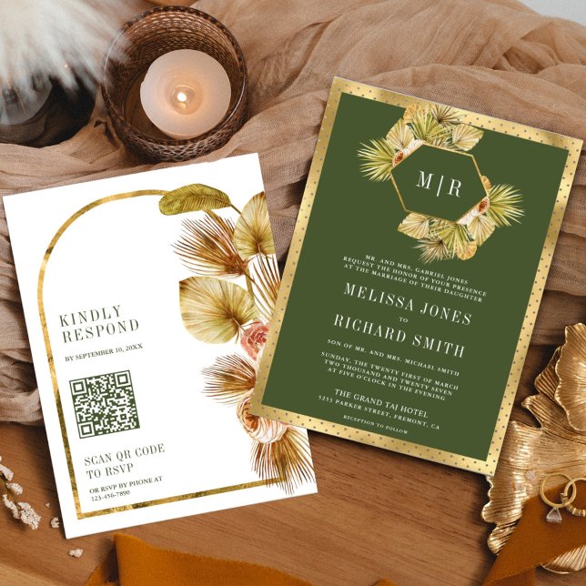 Invitation Boho Earthy Floral Olive Green QR Code Mariage (Créateur téléchargé)