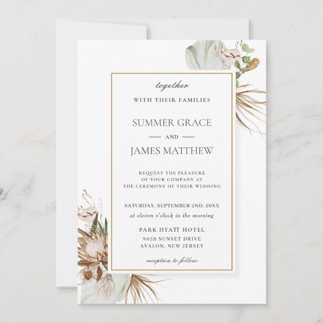 Invitation Boho Earthy Protea Palm Rust Brown Rustique Mariag (Devant)