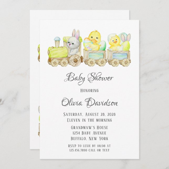 Invitation Boho Easter Chicks Cho Cho Train Baby shower Invit (Devant / Derrière)