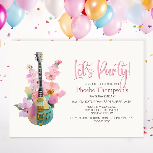 Invitation Boho Electric Guitar Pink Floral Any Age Birthday (Créateur téléchargé)