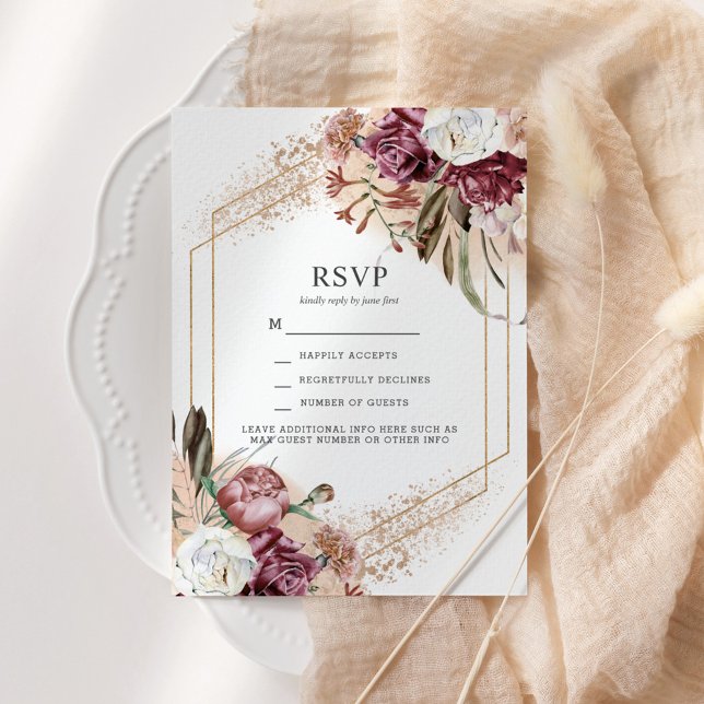 Invitation Boho Elegant Boho Burgundy, Blush & Rose Gold RSVP (Créateur téléchargé)