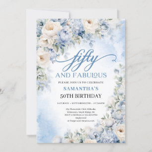 Invitation Boho Elegant hiver Dusty Bleu et Fleurs d'ivoire