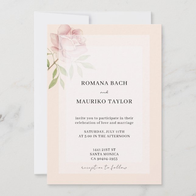 Invitation Boho Elegant Rose Rose Aquarelle Florale (Devant)