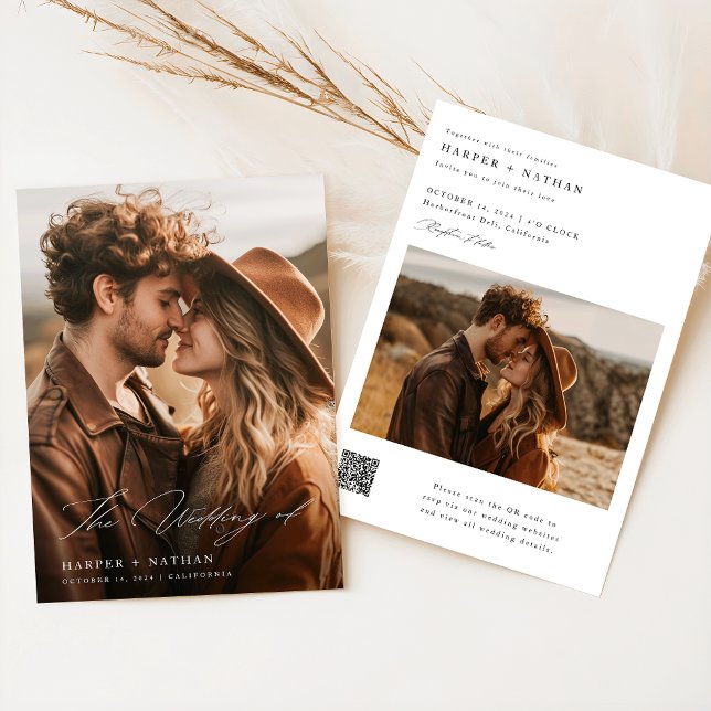 Invitation Boho Elegant Script QR Code Mariage photo (Créateur téléchargé)