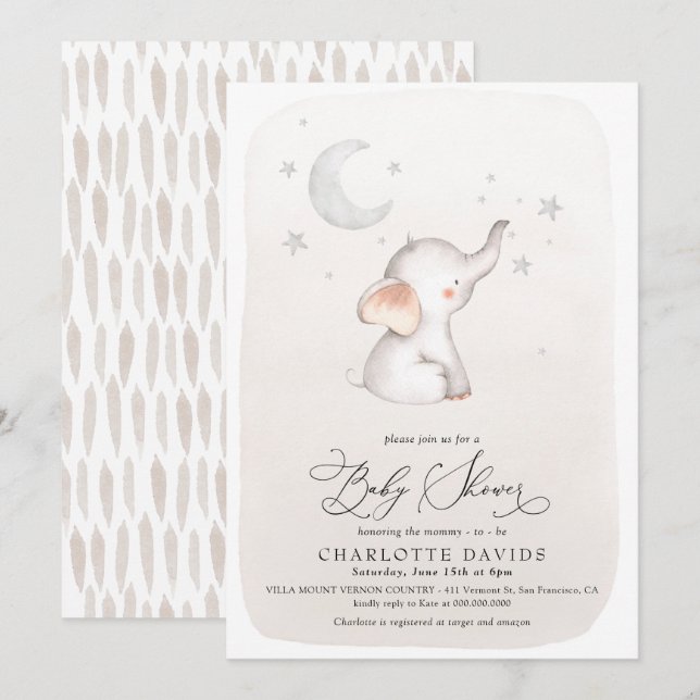 Invitation Boho Elephant Stars Lune Beige Neutre Baby shower (Devant / Derrière)