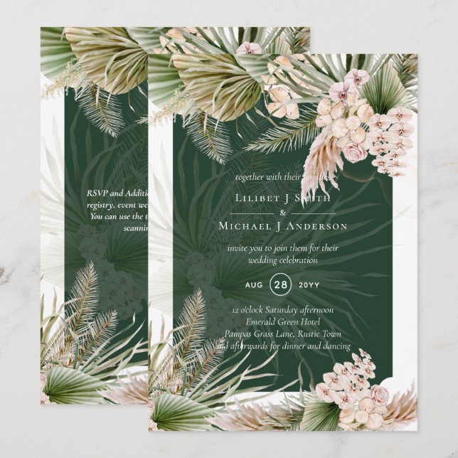 Invitation BOHO Emerald Green Pampas Grass Peach Mariage (Devant / Derrière)