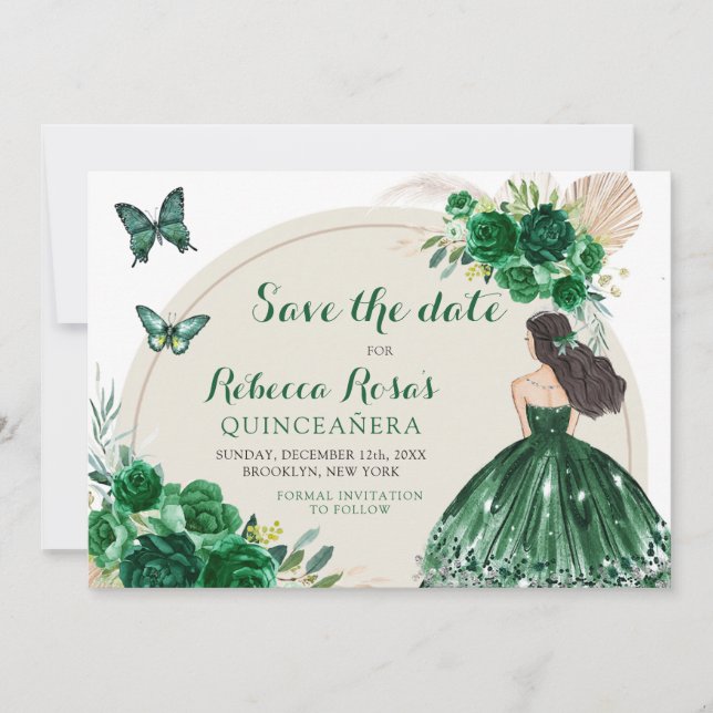 Invitation Boho Emerald Green Quinceañera Enregistrer La Date (Devant)