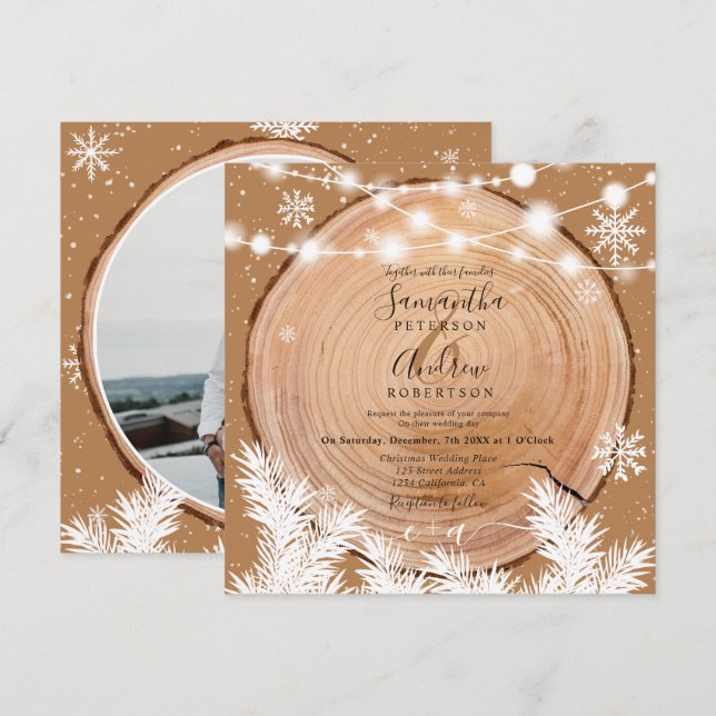 Invitation Boho en bois de neige rustique mariage photo de No (Devant / Derrière)