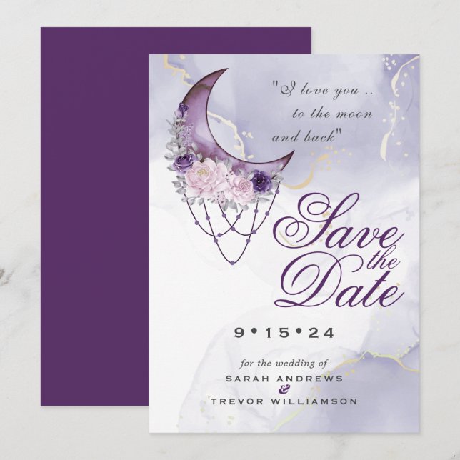 Invitation Boho Enregistrer la date Dusty Purple Crescent Lun (Devant / Derrière)
