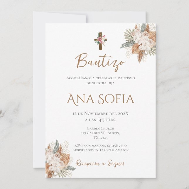 Invitation Boho Espagnol Baptême Girl (Devant)