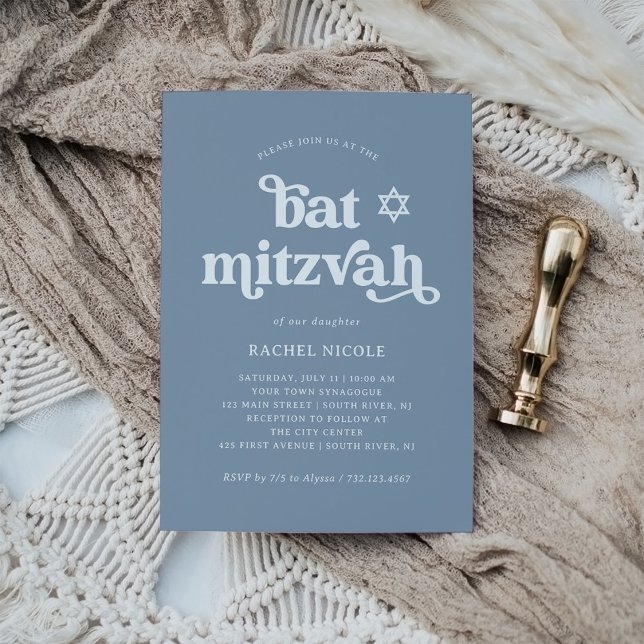 Invitation Boho et Rétro Bleu Poussiéreux | Bat Mitzvah (Créateur téléchargé)