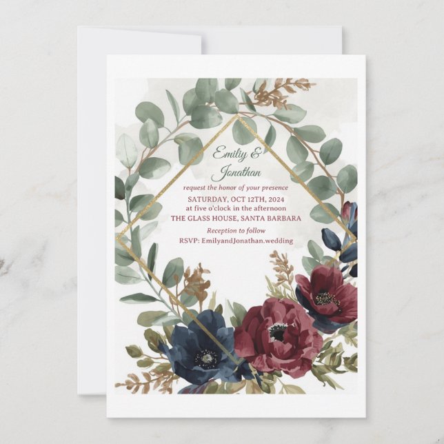 Invitation Boho Eucalyptus and Dark Red Flowers Wedding Invit (Devant)
