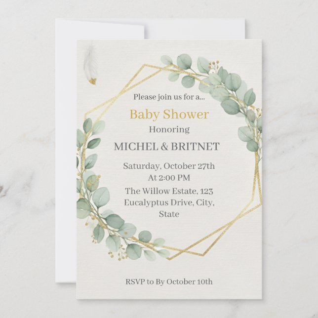 Invitation Boho Eucalyptus Greenery Gold  Baby Showers (Devant)