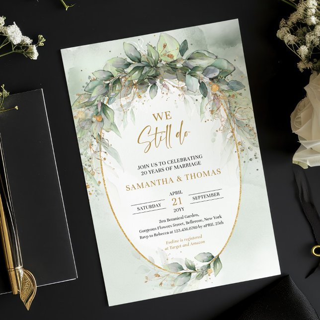 Invitation Boho eucalyptus or vert Nous sommes toujours invit (Boho watercolor eucalyptus gold frame we still do invitation downloadable)