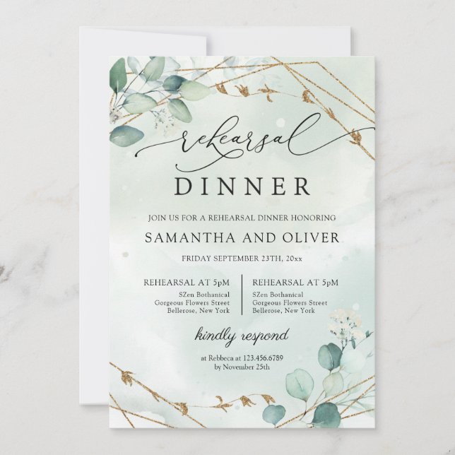 Invitation Boho Eucalyptus Vert GOold Répétition géométrique (Devant)