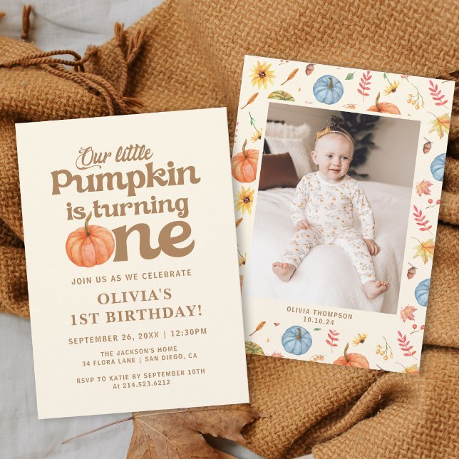 Invitation Boho Fall Citrouille Photo 1er anniversaire (Créateur téléchargé)