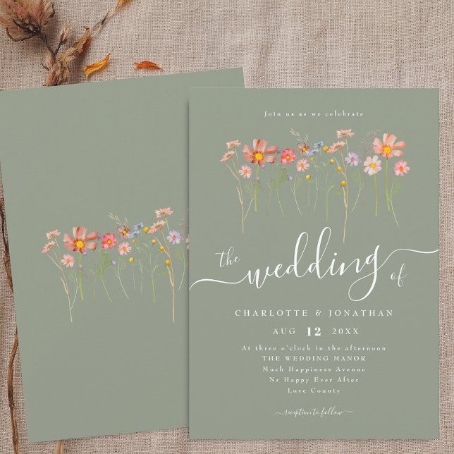 Invitation Boho Fall Fleur sauvage Floral Sage Green Mariage (Boho fall Wildflower floral sage green Wedding invitation Whimsical elegant script watercolor flower)
