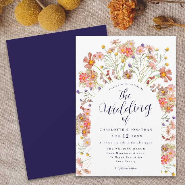 Invitation Boho Fall Fleur sauvage Marine Bleu et Blanc Maria (Boho fall rustic wildflower floral arch navy blue and white wedding invitation watercolor flowers)