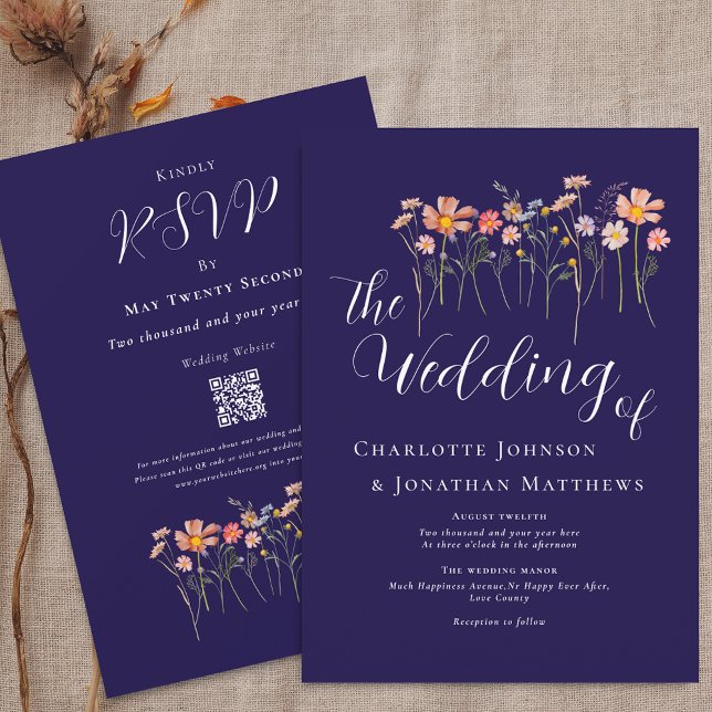 Invitation Boho Fall Fleur sauvage Marine Blue Terracotta QR  (Boho fall Wildflower floral navy blue terracotta white Wedding qr code invitation Watercolor meadow )