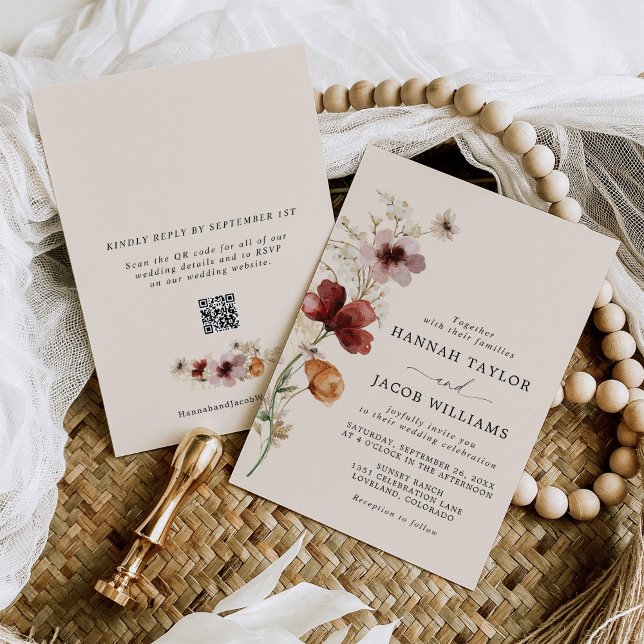 Invitation Boho Fall Fleur sauvage QR Code RSVP Mariage (Créateur téléchargé)
